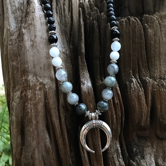 Boho quartz onyx bead chocker silver moon necklace - Picture 4 of 8